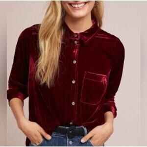 Anthropologie By MAEVE Burgundy Velvet‎ Button-Up Shirt 8